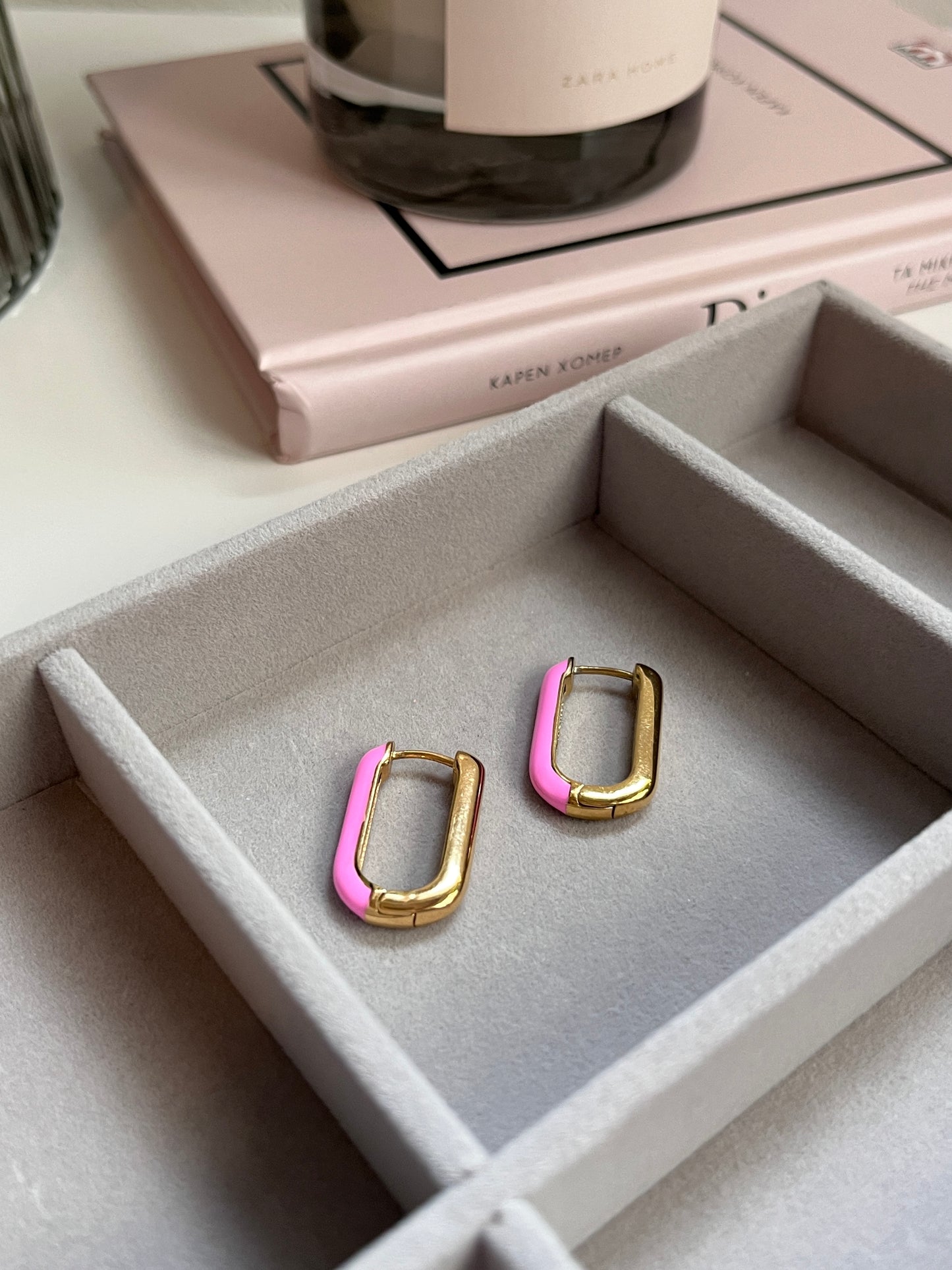 Pink enamel rectangle earrings